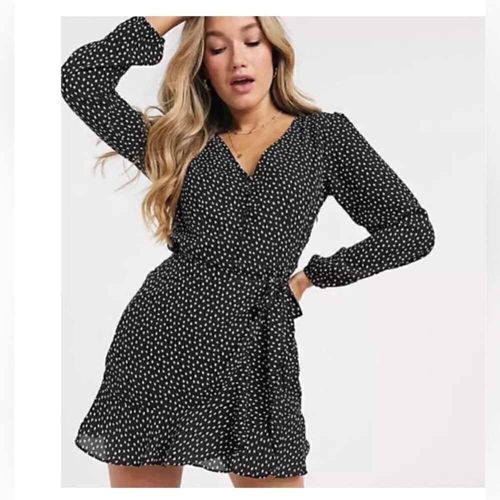 Abercrombie Fitch Womens Dress Size Small Black Wrap Dot Long Sleeve Ruf…